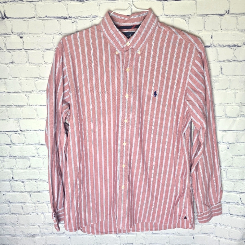 Ralph Lauren Men's Red and White Striped Button-Down Custom Fit Shirt Size L